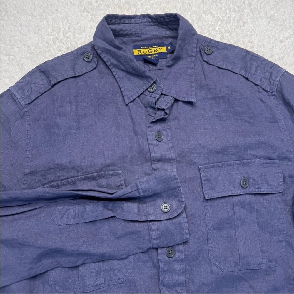 Rugby Ralph Lauren Button Down Shirt size Medium‎ Linen Vintage Blue Pockets